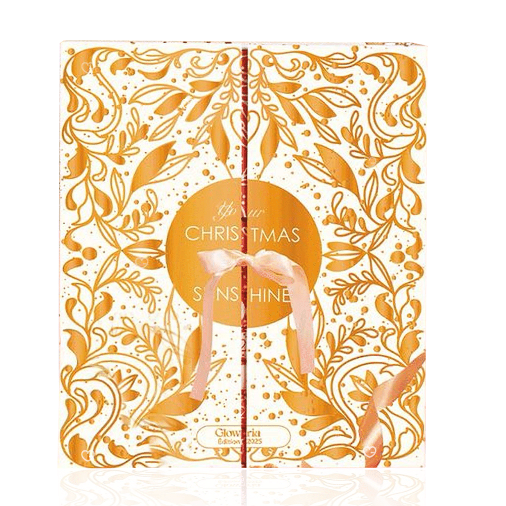coffret beauté doré et blanc avec noeud calendrier de l'avent Glowria 2025 avec 25 produits de soins beauté multimarque pour visage corps et maquillage