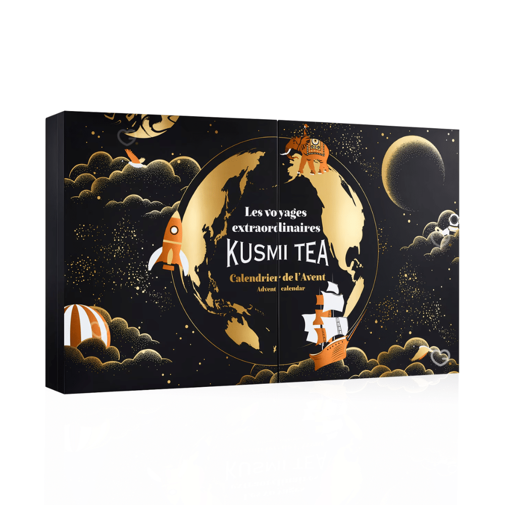 Coffret noir illustré voyage Calendrier de l’Avent Kusmi Tea 2025 avec 24 thés bio variés et infusions, cadeau pour amateurs de thé premium, homme ou femme