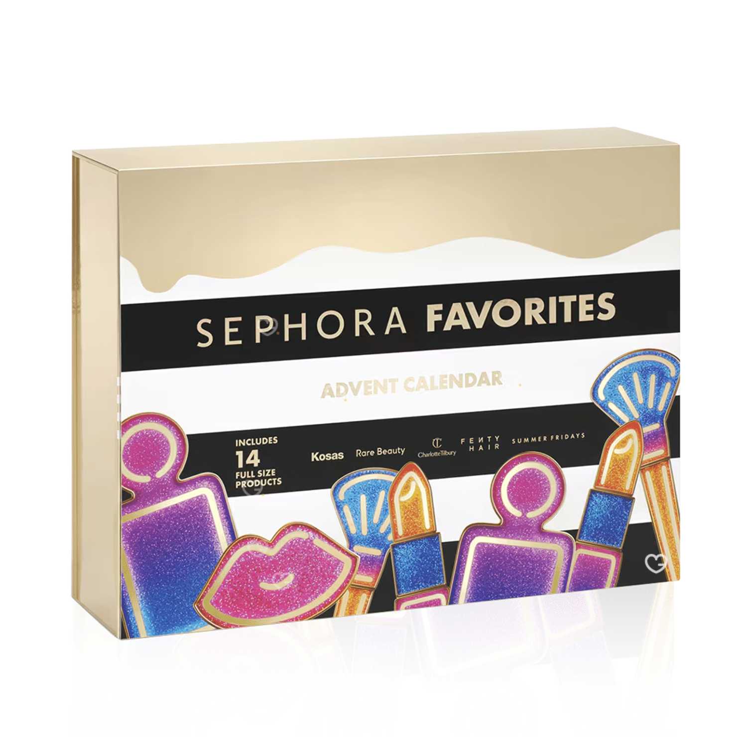 Calendrier de l’Avent Sephora Favorites 2025 avec 24 produits beauté premium maquillage, soins visage, cheveux et accessoires pour femmes.