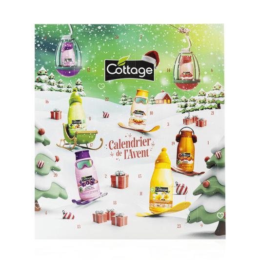 Calendrier de l’Avent Cottage 2025 avec 24 soins beauté cocooning pour femmes : douches lait hydratantes, senteurs gourmandes et décor hivernal idéal pour femme et jeune fille