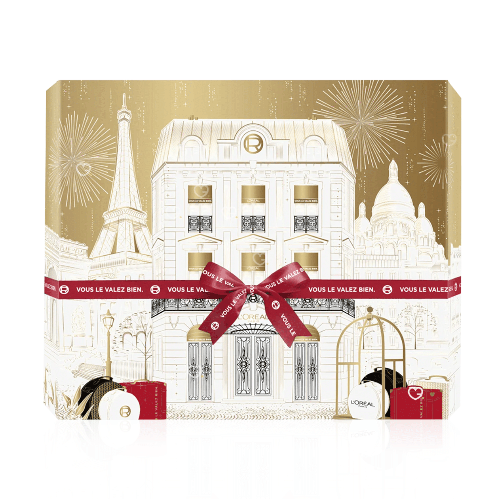 Calendrier de l'Avent L'Oréal Paris 2025 contenant 24 produits de beauté en taille réelle pour le maquillage et les soins du visage présenté dans un coffret élégant doré et blanc