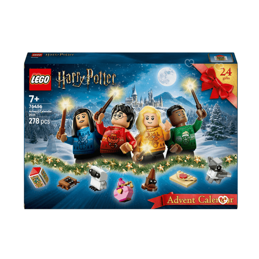 Le calendrier de l’Avent Lego Harry Potter 2025 (76456) avec 24 construction LEGO pour enfant. petites créations à assembler, inspirées des lieux et personnages emblématiques de Poudlard. Le visuel montre la boîte colorée ornée d’éléments festifs et de références magiques reconnaissables par les fans.