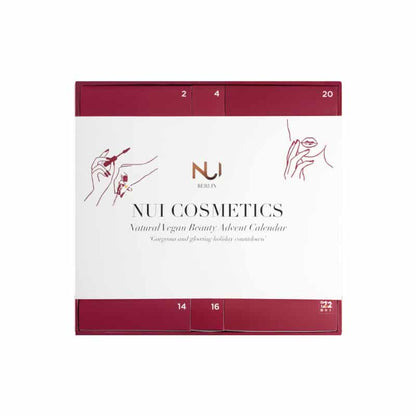 coffret beauté calendrier de l'Avent Nui Cosmetics 2023 contient 24 produits de beauté naturels et végétaliens pour le maquillage, ongles, soins visage, corps cheveux et accessoires