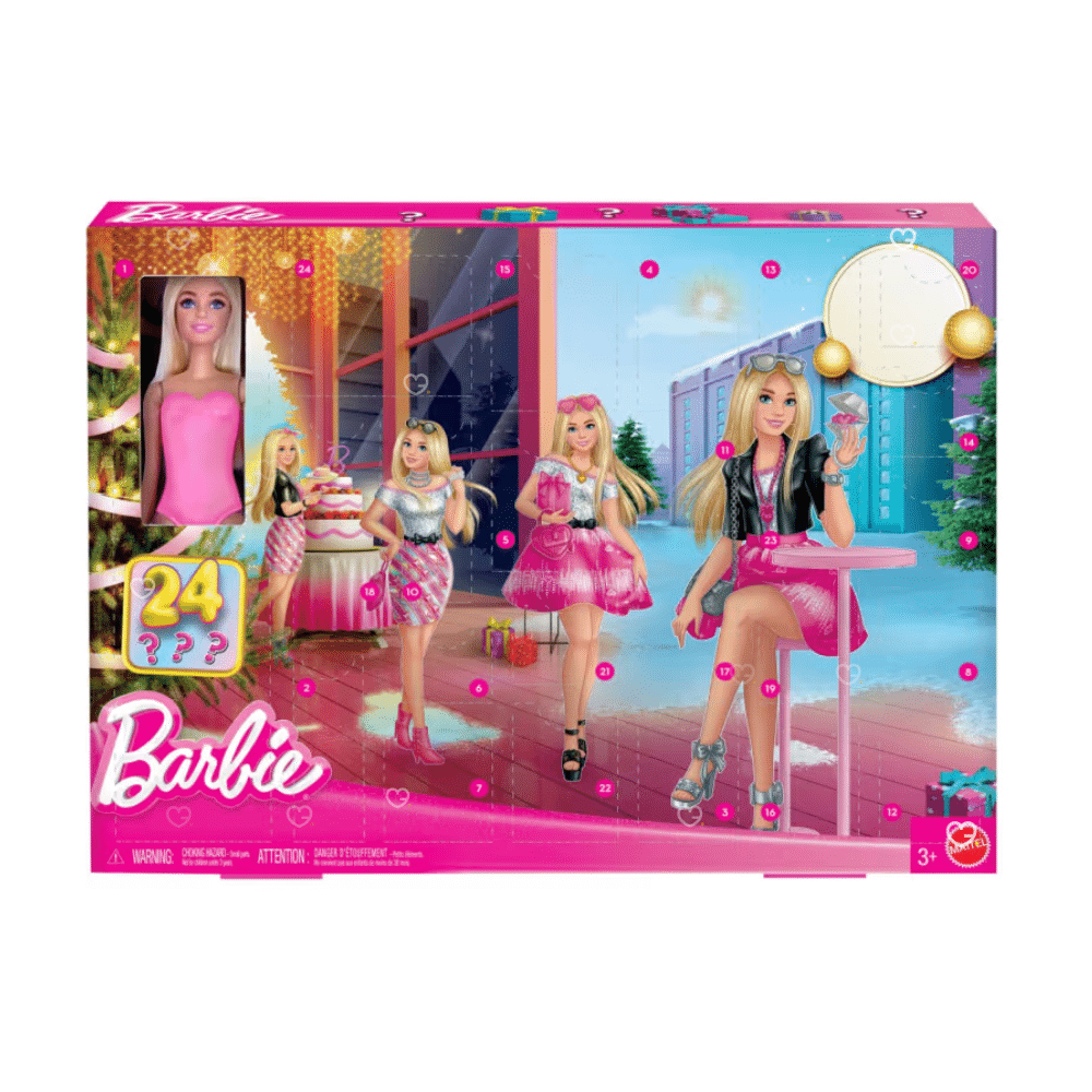 Calendrier de l’Avent Barbie 2025 avec poupée, chiot et 24 surprises mode scintillantes, parfait pour fillettes créatives avant Noël.
