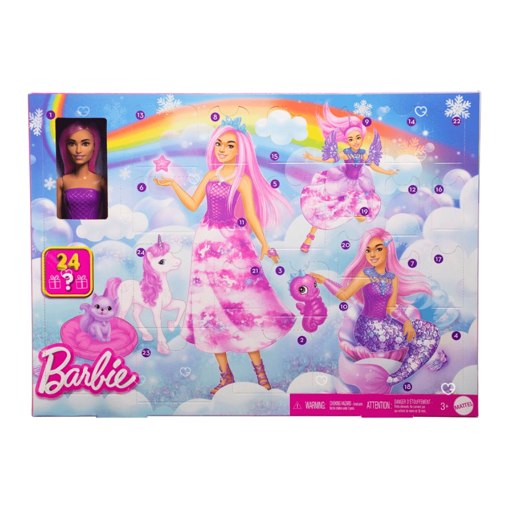 Calendrier de l’Avent Barbie Sirène 2025 avec 24 surprises : poupée, animaux féeriques et accessoires magiques pour fille fan de Barbie ou poupée.