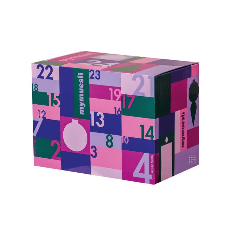 coffret rectangle violet calendrier de l'avent mymuesli snack 2023 contenant 24 muesli, barre céréales, chocolats...