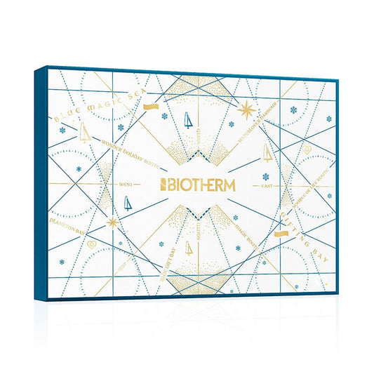 coffret beauté bleu calendrier de l'avent Biotherm 2024 contenant produits soins visage et corps