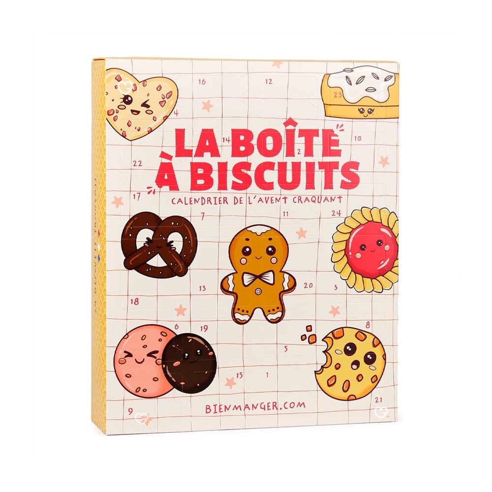 Calendrier de l’Avent Biscuit 2025, boîte festive rouge et dorée renfermant 24 biscuits artisanaux gourmands pour adulte, homme femme gourmand amateurs sucrés
