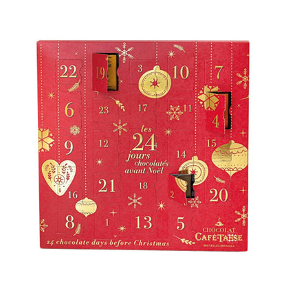 coffret rouge et or Calendrier de l'avent chocolat 2023 Café-Tasse avec 24 chocolats assortis (napolitains et minitablettes)