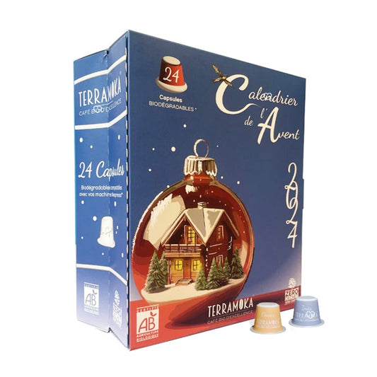 coffret bleu capsules cafés nespresso calendrier de l'avent café bio 2024 arabica terramoka