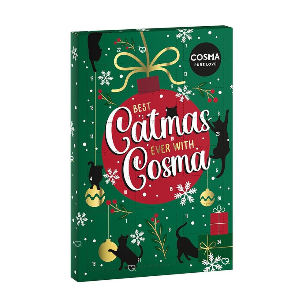 calendrier de l'avent Cosma chat 2024 contenant 24 friandises saveurs poulet, canard, bœuf et thon.