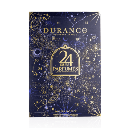 Calendrier de l’Avent Durance 2025 avec 24 bougies parfumées, 12 senteurs exclusives et un photophore en verre, idéal cadeau cocooning et décoration .