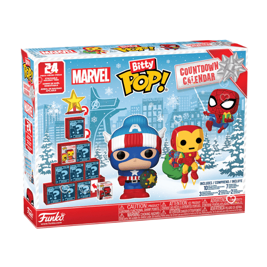 calendrier de l’avent Funko Bitty POP Marvel 2025 contenant 24 surprises dont figurines bitty inspirées des héros emblématiques de l’univers. design coloré fait ressortir l’esprit festif et l’imaginaire Marvel.