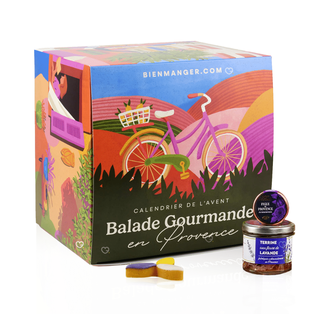 Calendrier de l’Avent Gourmand Balade gourmande en Provence 2025 avec 24 spécialités sucrées et salées artisanales, idéal cadeau raffiné pour homme, femme et couple amateurs de gourmandises.