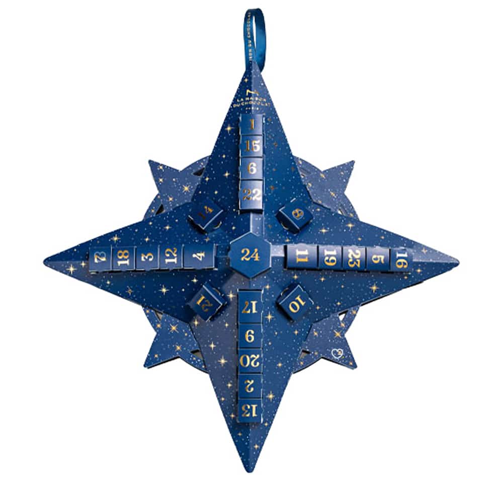 coffret illustré forme flocon Calendrier de l'Avent La Maison du Chocolat 2024 contenant 26 chocolats et douceurs chocolatées