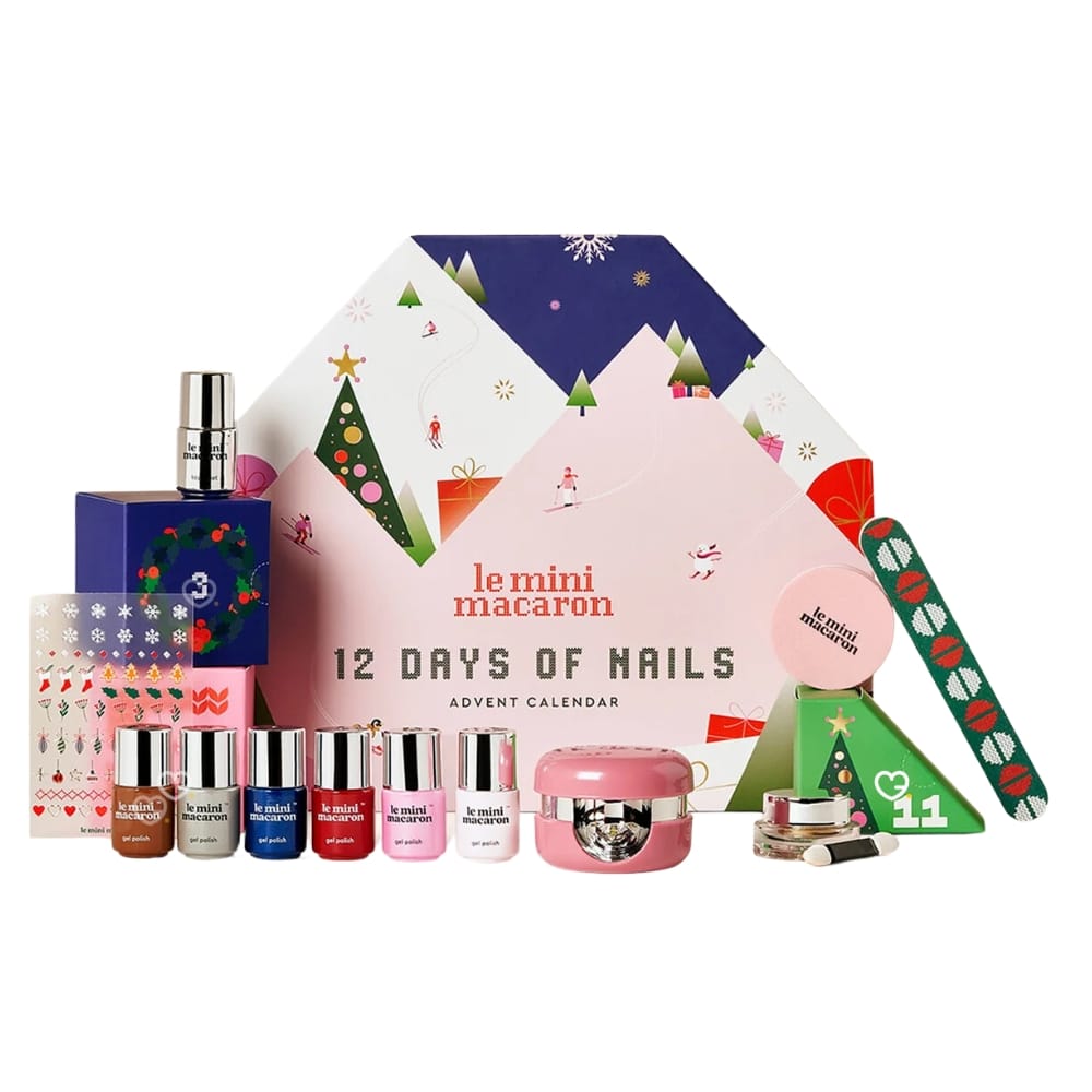 Calendrier de l'Avent Le Mini Macaron 2024 coffret rose et bleu nuit contenant 12 produits et accessoires beauté dédié à la beauté des ongles, manucure et nailart