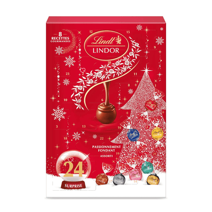 Calendrier de l'avent chocolat Lindt Lindor contenant un assortiment de 24 chocolats : Assortiment de Chocolats au Lait,Noir 45%, Noir 60%, Noir 70%, Blanc, Coco, Noisettes