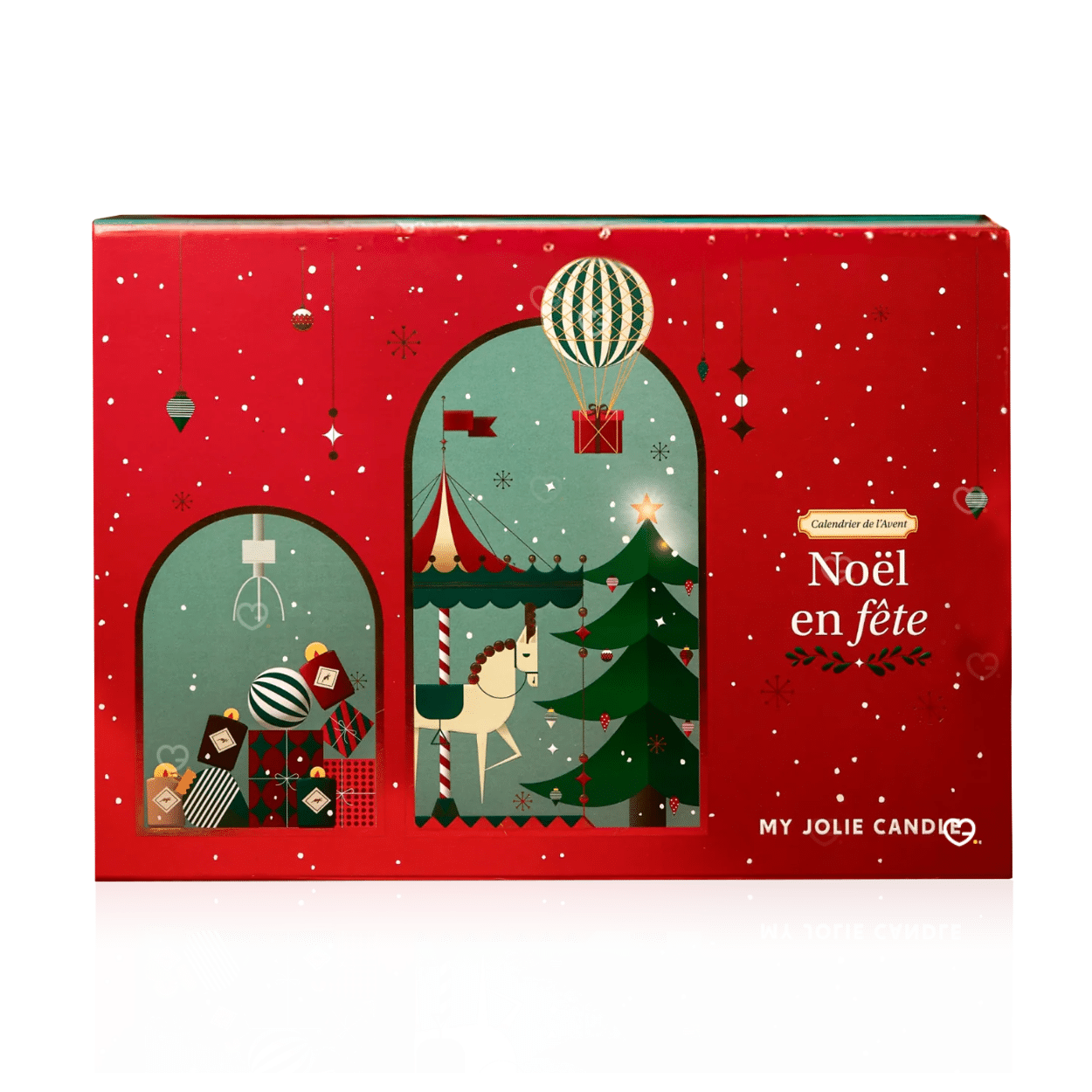 Calendrier de l’Avent My Jolie Candle 2025 élégant avec 24 surprises cocooning pour femmes, bougies parfumées, bijoux et décorations festives.