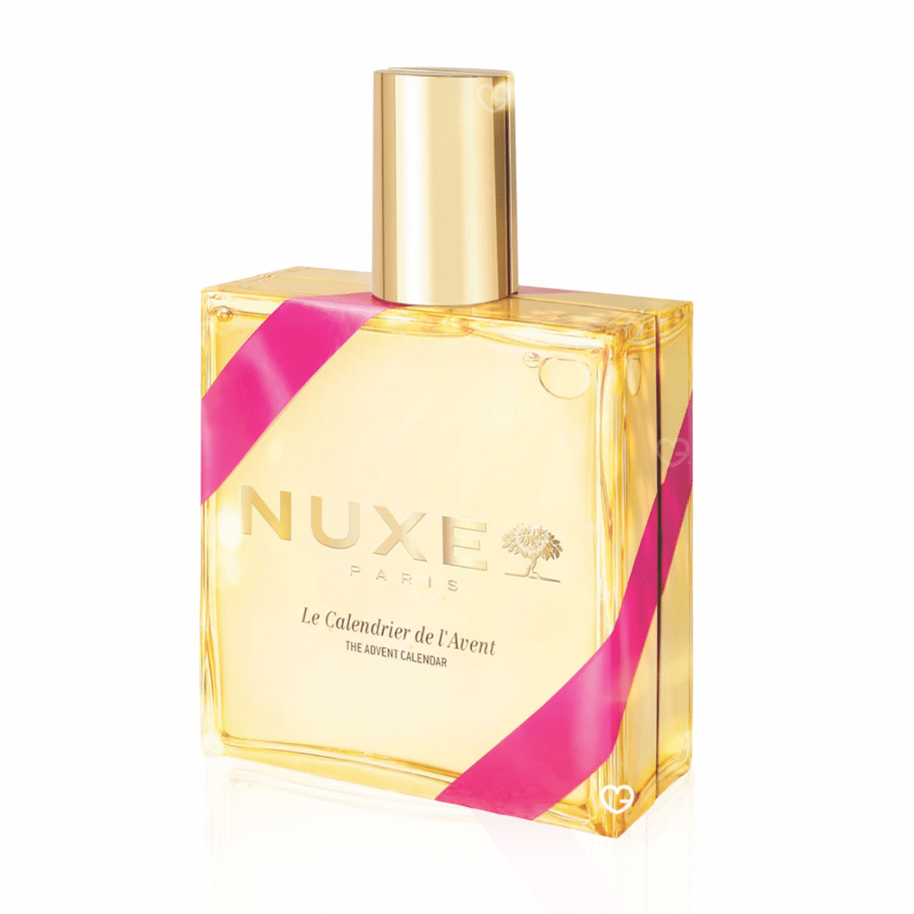 Calendrier de l’Avent Nuxe 2025 édition limitée au design de flacon contenant 24 soins visage, corps, cheveux, accessoires et huiles, idéal pour femmes urbaines élégantes.