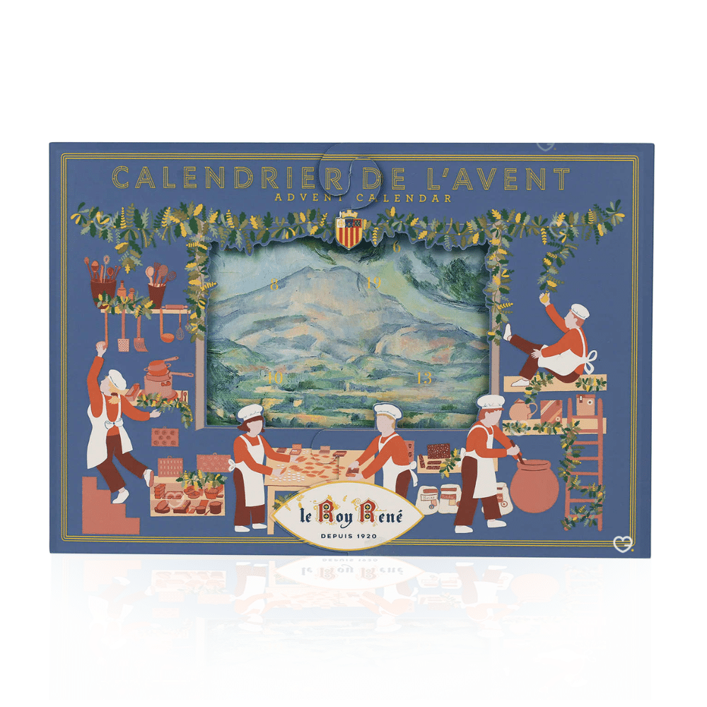 Coffret gourmand gourmand Calendrier de l’Avent Le Roy René 2025 avec 24 douceurs provençales : calissons, nougats, amandes et biscuits artisanaux pour gourmets.