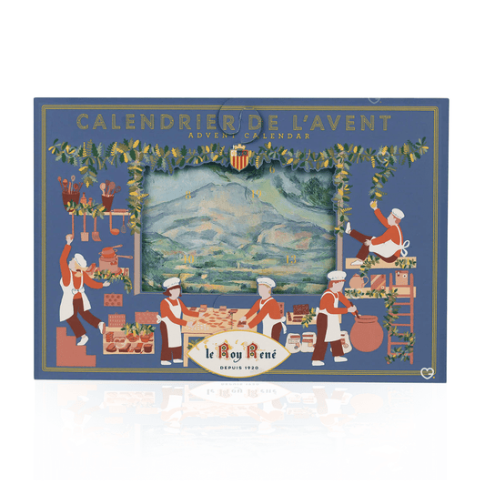 Coffret gourmand gourmand Calendrier de l’Avent Le Roy René 2025 avec 24 douceurs provençales : calissons, nougats, amandes et biscuits artisanaux pour gourmets.