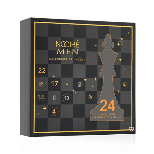 Calendrier de l’Avent Nocibé Homme 2025 avec 24 soins visage, corps et accessoires beauté, cadeau idéal pour beauté homme.